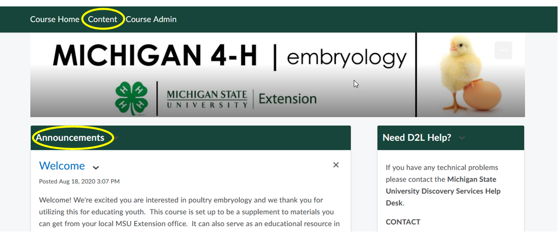 A screen shot of the D2L course with a circle around the Content button and Announcements section.